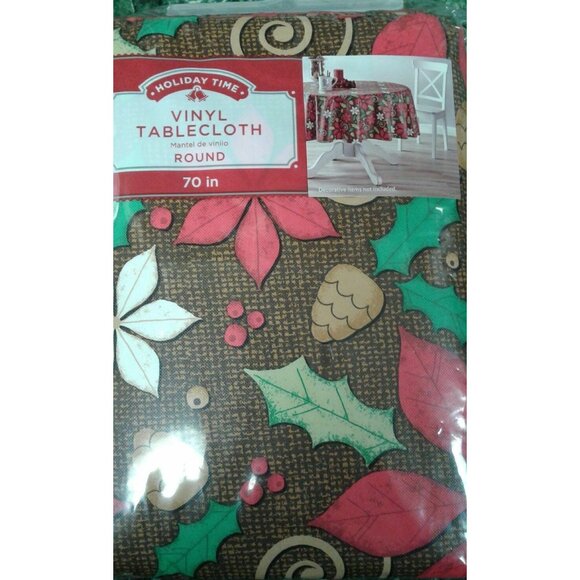 Holiday Time 70" Round Vinyl Tablecloth Poinsettia Holly Berries Pinecones NEW - Picture 2 of 6
